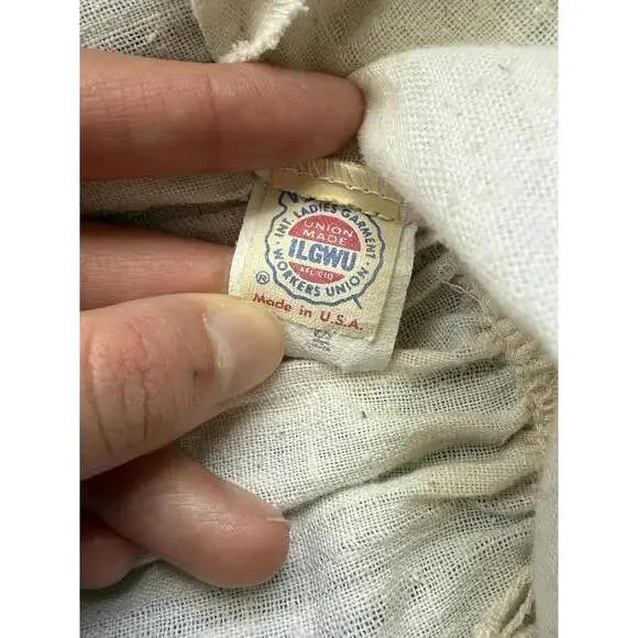 Vintage Cream Linen Ruffle Midi Dress Smocked Bodice Cottagecore - Picture 4 of 4